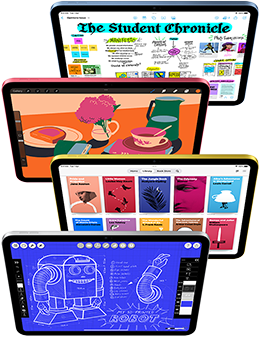 Front-facing iPad screens show a variety of Apple apps and App Store apps