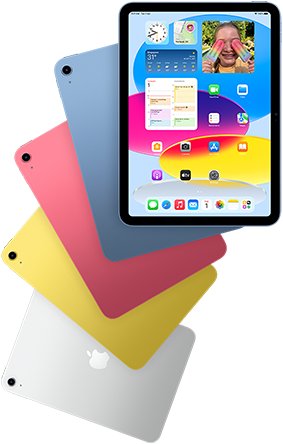 Front view iPad shows home screen, behind are four back facing iPad models in blue, pink, yellow and silver