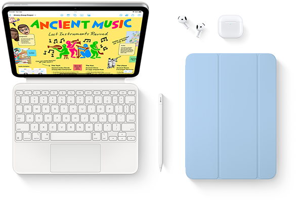 iPad attached to Magic Keyboard Folio, Apple Pencil, AirPods and Smart Folio