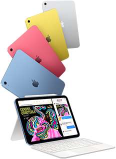 iPad in blue, pink, yellow and silver colours and iPad attached to the Magic Keyboard Folio with Apple Pencil